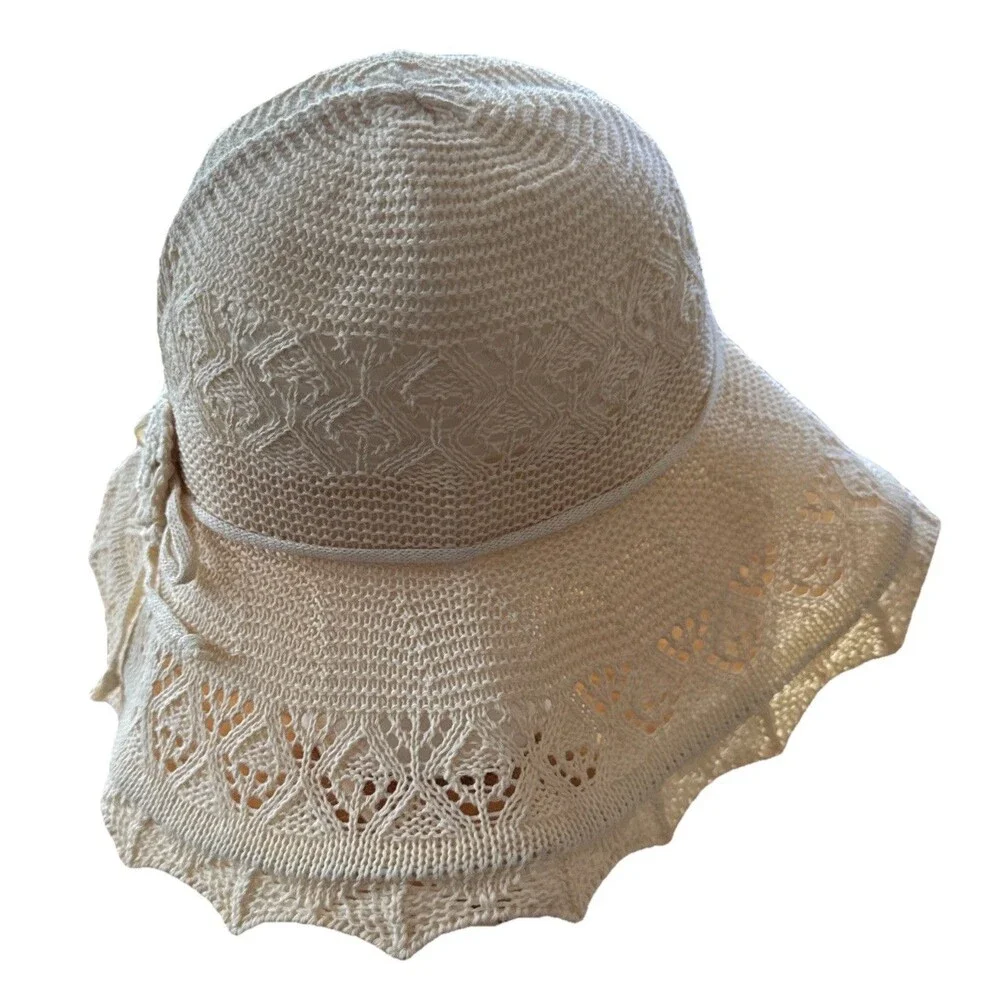 Vintage Grank Beige Sz L Lace Woven Summer Sun Hat Women's Floppy Beach Accessor